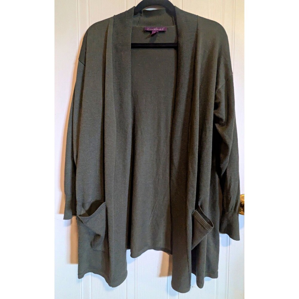 Gloria Vanderbilt Women XL Green Knit Open Front Cardigan Pockets Sweater Fall